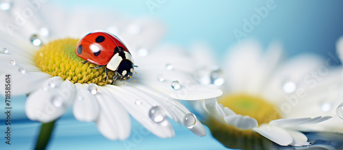 Macro Shot of a Ladybug on a Dew-Covered Daisy. Springtime Nature and Freshness Concept