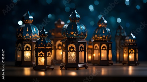 Elegant lanterns with Arabic patterns, against a starry night background, conveying the spirit of Ramadan or Ied