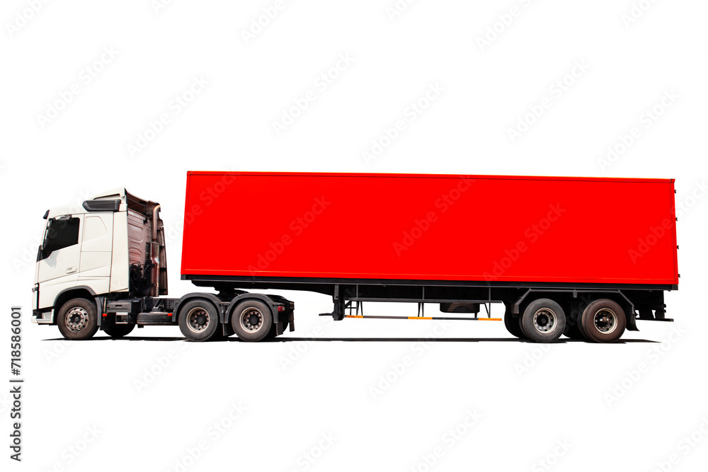 Semi Trailer Truck on White Background. Cargo Container Shipping. Economy Business Transport on Road. Import- Export. Trucking. Lorry Diesel Truck. Freight Truck Logistics Transport. Semi Trailer Truck on White Background. Cargo Container Shipping. Economy Business Transport on Road. Import- Export. Trucking. Lorry Diesel Truck. Freight Truck Logistics Transport.