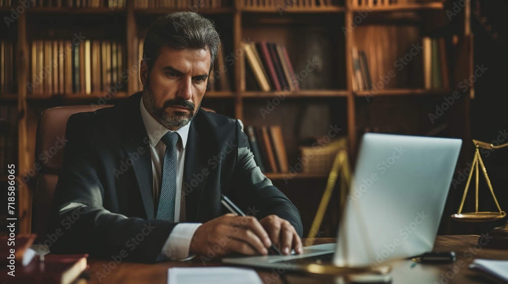 Serious lawyer working with laptop at table in office Serious lawyer working with laptop at table in office