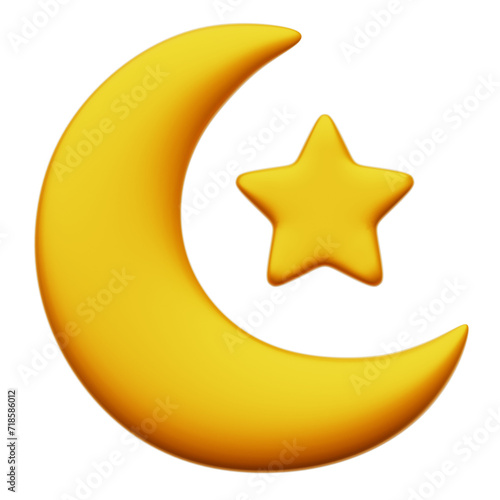 Muslim Moon & Star 3D Rendering Icon Isolated Transparent Background