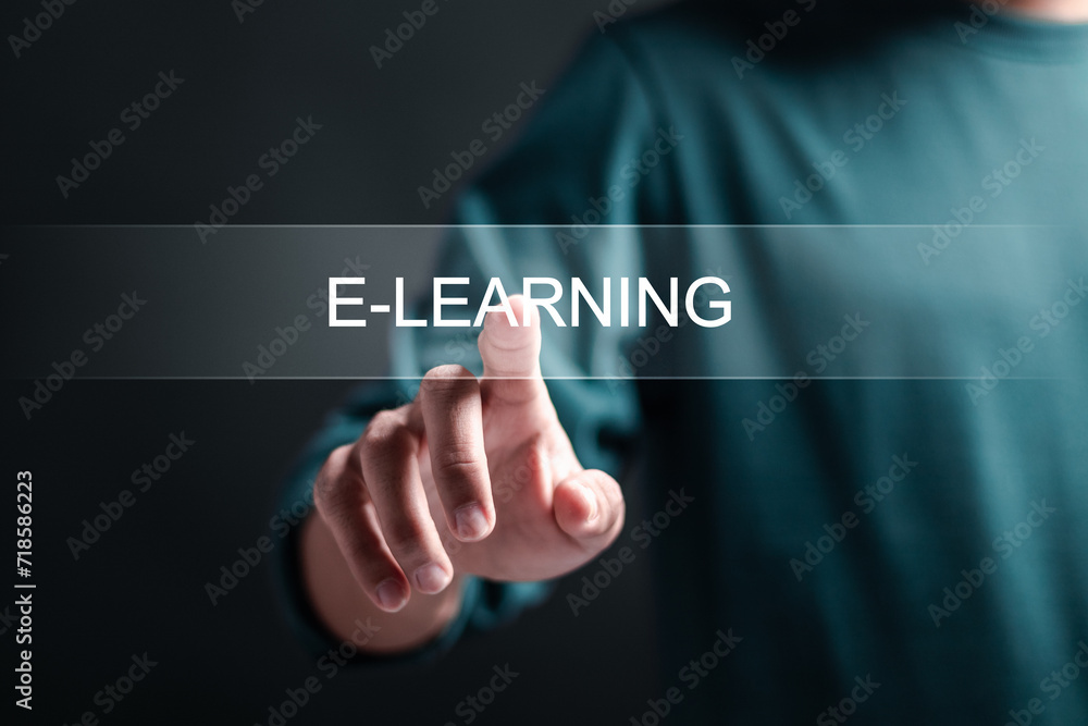 Online education concept. Person touch virtual screen of E-learning word for online education training and e-learning webinar on internet. Increase business working skills. Online education concept. Person touch virtual screen of E-learning word for online education training and e-learning webinar on internet. Increase business working skills.