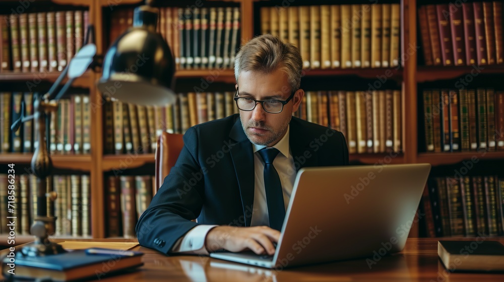 Serious lawyer working with laptop at table in office Serious lawyer working with laptop at table in office