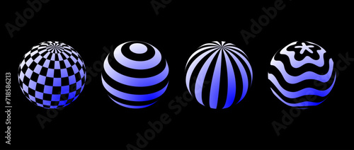Collection of spheres with different patterns. Striped, checkered and waved 3d balls set. White and blue geometric elements for design template, icon, logo, banner, poster. Abstract vector globes pack