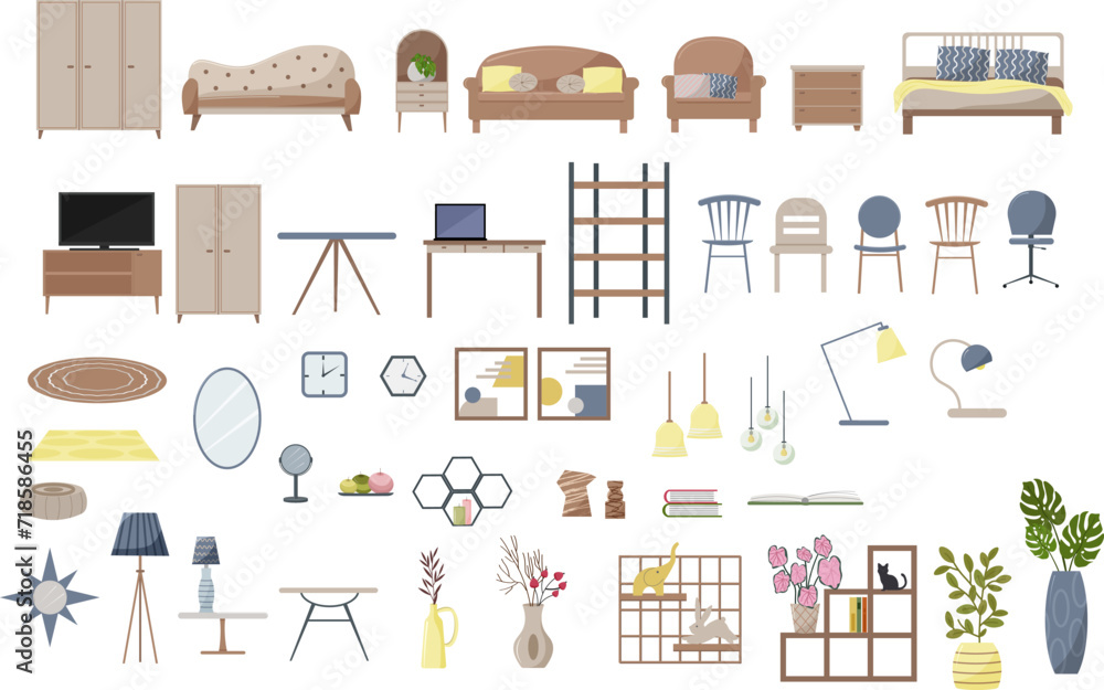 Elements for modern design of living room and study. Sofa and cabinets, carpet and pillows, table and chairs, figurines and flowers. Mirror and clock, TV and laptop, bookcases and shelves, lamps and Elements for modern design of living room and study. Sofa and cabinets, carpet and pillows, table and chairs, figurines and flowers. Mirror and clock, TV and laptop, bookcases and shelves, lamps and