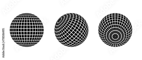 Black disco ball set. Collection of wireframe spheres in different angles. Grid globe or checkered ball bundle. Mirrorball element pack for poster, banner, music cover, party. Vector illustration