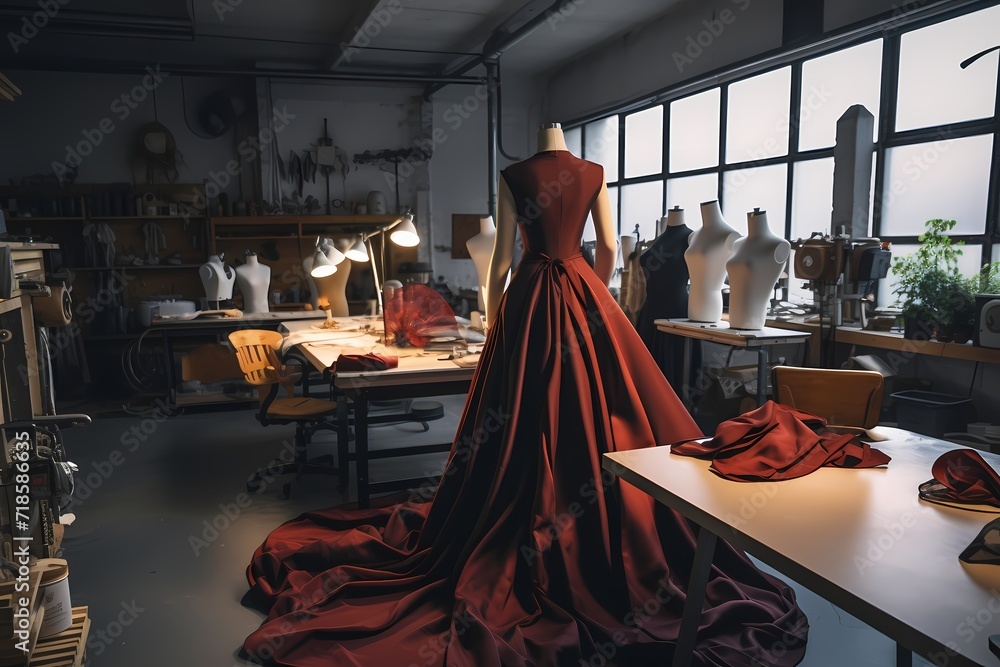 A fashion designer draping fabric on a mannequin in a creative studio space.