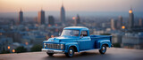 retro blue pickup car with a city in the background