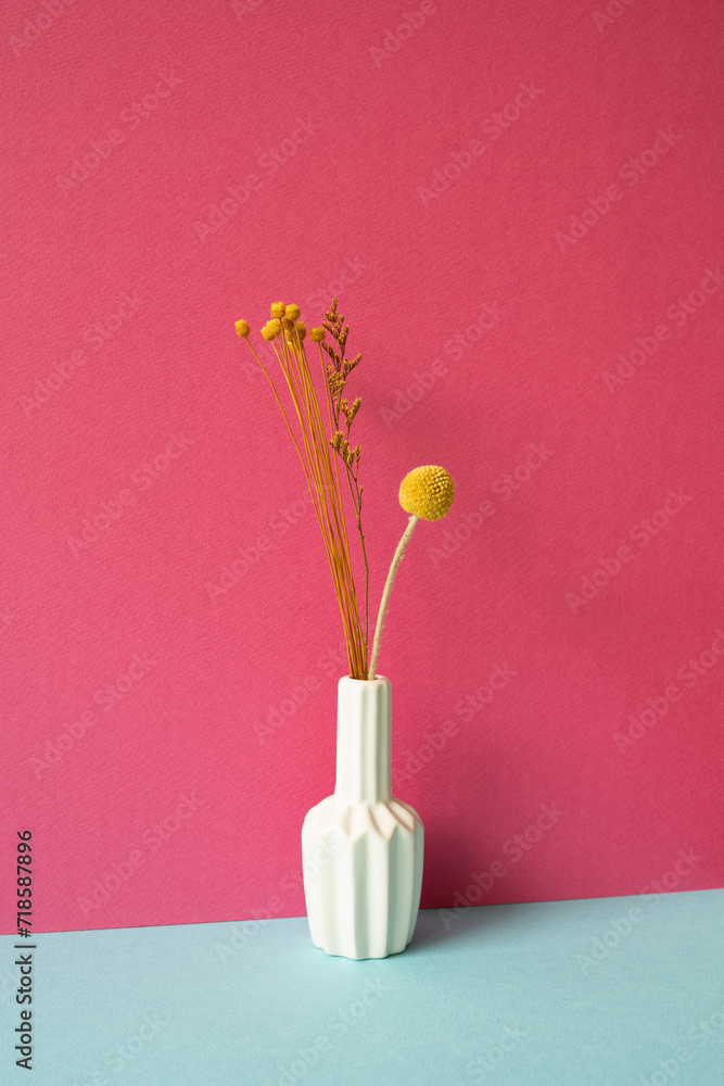 Vase of yellow dry flowers on skyblue table. pink wall background