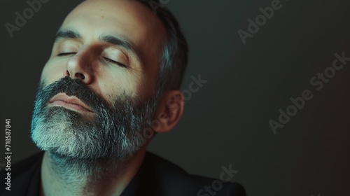Portrait of a bearded man with closed eyes on a dark background.AI.