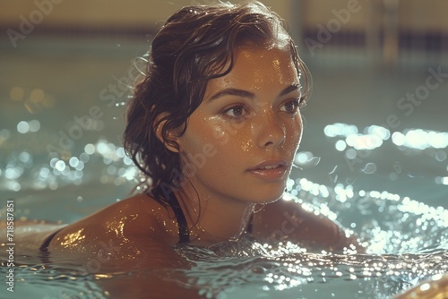 Portrait of a young beautiful woman in the swimming pool at spa. AI.