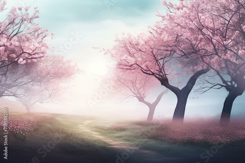 Scenic landscape with delicate cherry blossoms  ideal for spring-themed greeting backdrop or artistic inspiration. Generative AI