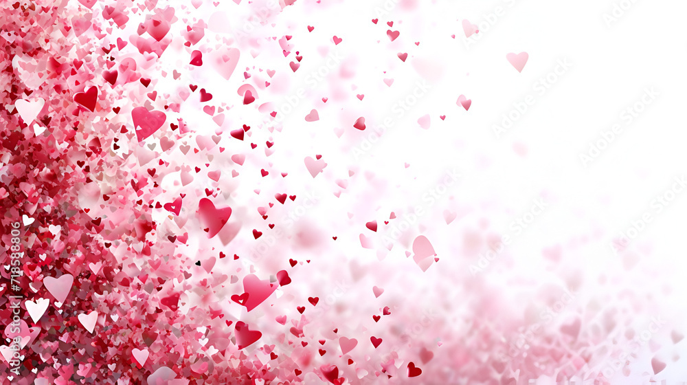 Love valentines background with pink falling hearts over white background copy space. Generative AI. 