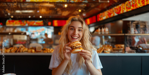 woman in the cafe  a smiling wholesome blond woman supermodel eating