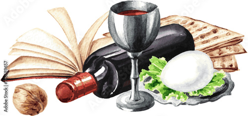 Passover. Jewish holiday Pesach. Watercolor hand drawn illustration, isolated on white background
