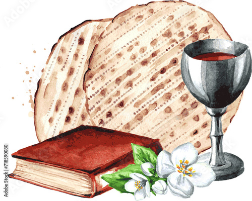 Passover. Jewish holiday Pesach. Watercolor hand drawn illustration, isolated on white background