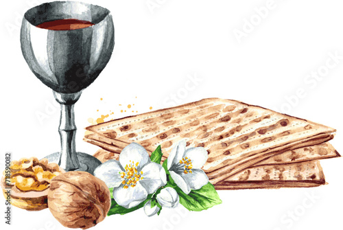 Passover. Jewish holiday Pesach. Watercolor hand drawn illustration, isolated on white background