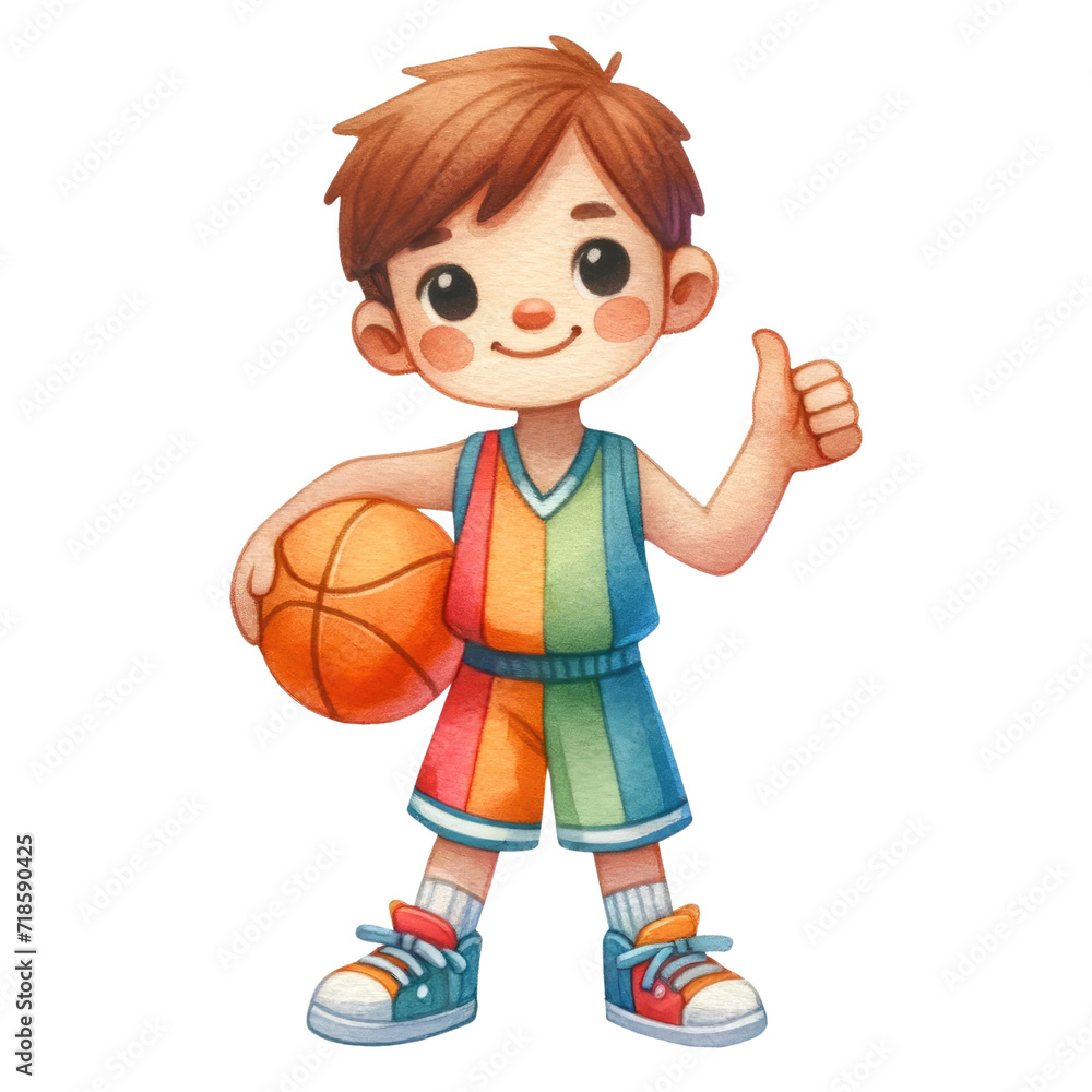Watercolor cute boy basketball player holding a ball and thumps up. Basketball competition. Basketball element clipart. Watercolor cute boy basketball player holding a ball and thumps up. Basketball competition. Basketball element clipart.