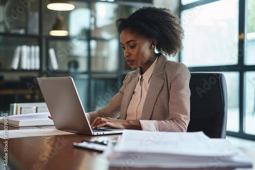 Busy serious young African American business woman, account manager executive checking tax bills documents, financial report reading corporate contract papers working on laptop at office,Generative AI