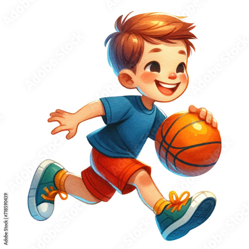 Watercolor cute boy basketball player dribbling. Basketball competition. Basketball element clipart.