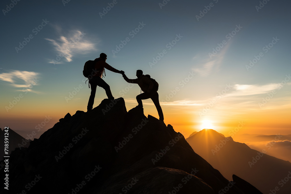 Silhouette of Two Climbers Helping Each Other on Mountain Peak at Sunrise. Adventure and Teamwork Concept