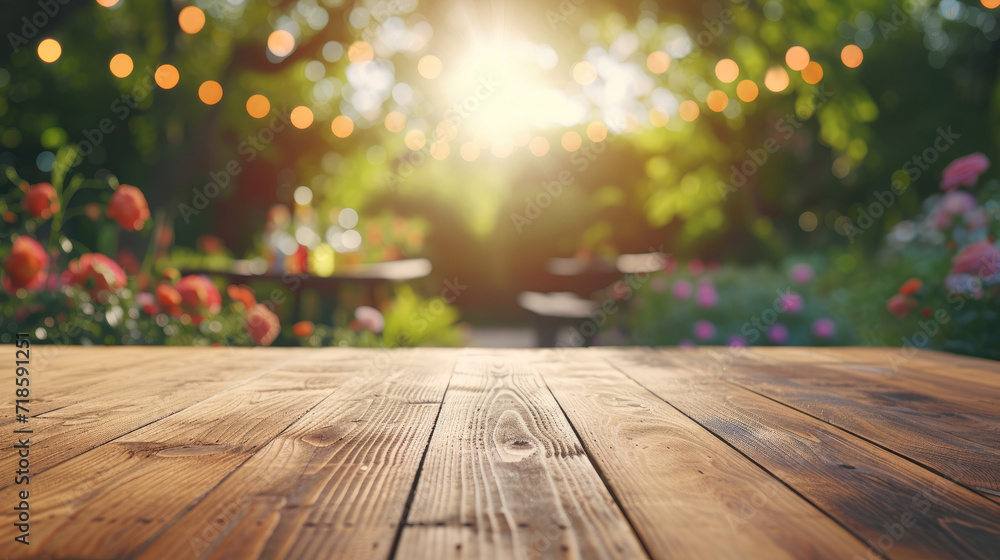 Wooden table with blurred garden background decorated for a party Wooden table with blurred garden background decorated for a party