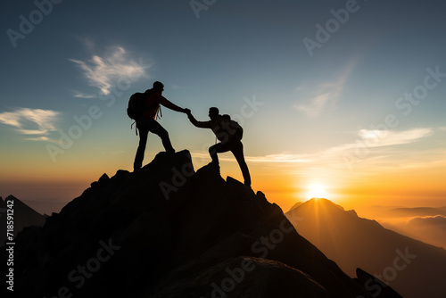 Silhouette of Two Climbers Helping Each Other on Mountain Peak at Sunrise. Adventure and Teamwork Concept © AspctStyle