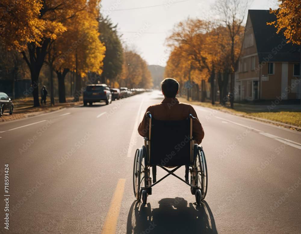 man in a wheelchair on the street in a big city, metropolis