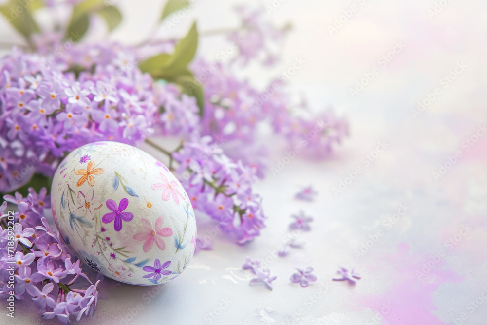 Fototapeta premium Flower painted Easter egg on lilac background