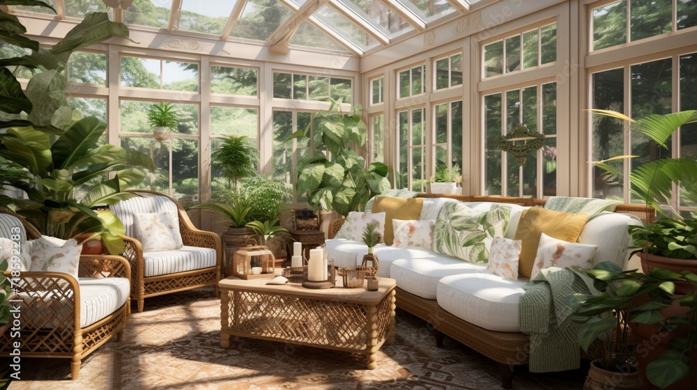 a sunlit conservatory, with comfortable seating, lush greenery, and decorative accents, creating a tranquil oasis where nature and relaxation come together,