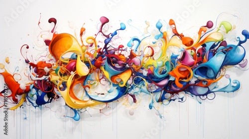 a symphony of colorful paint splashes arranged in a harmonious composition, their fluid and organic forms creating a visually captivating artwork against the clean white canvas.