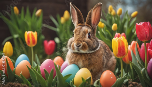 Easter scene with rabbit and colorful eggs. Depicting rabbit in festive spring scene. © svetograph