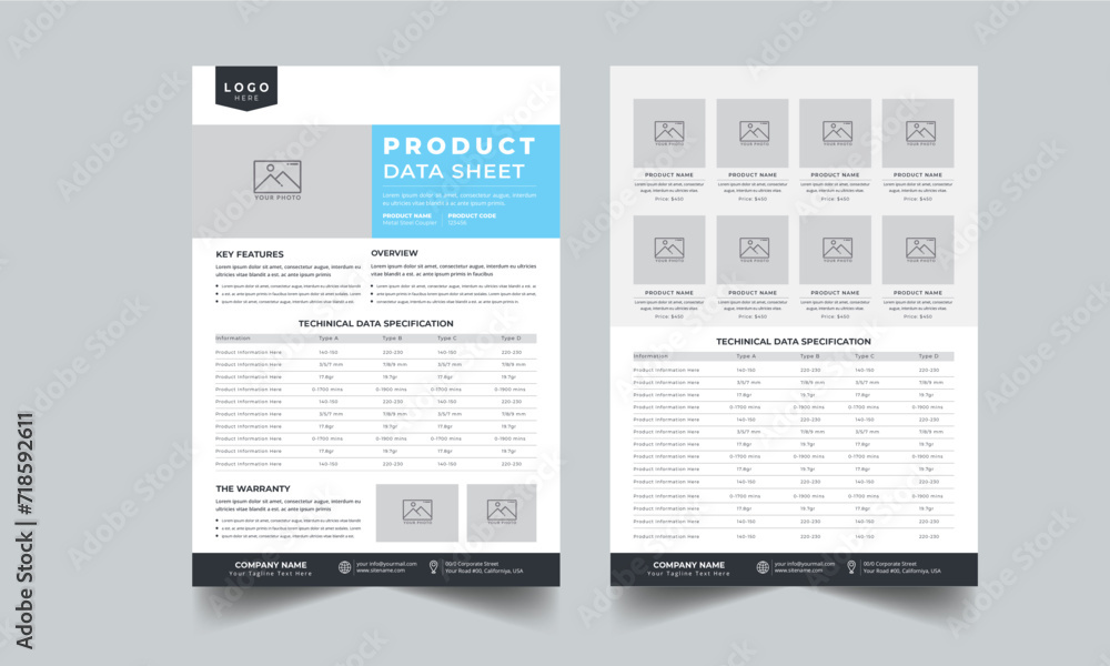 Product Data Sheet, Technical Data Sheet layout template design Stock