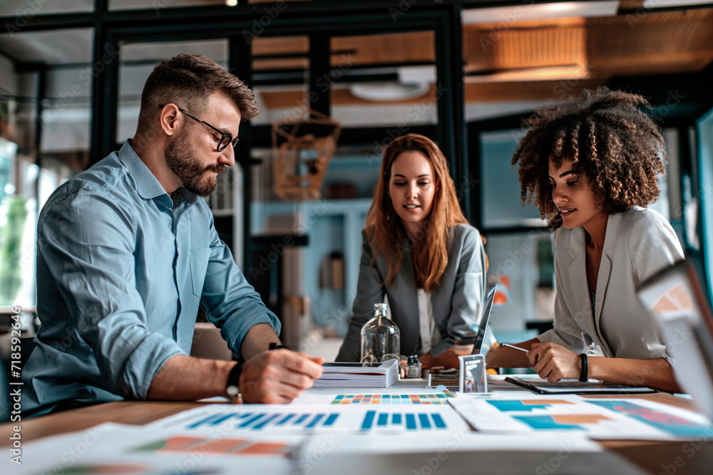 Fototapeta premium Successful business professionals presenting analytical report while working together with colleagues in the modern office.