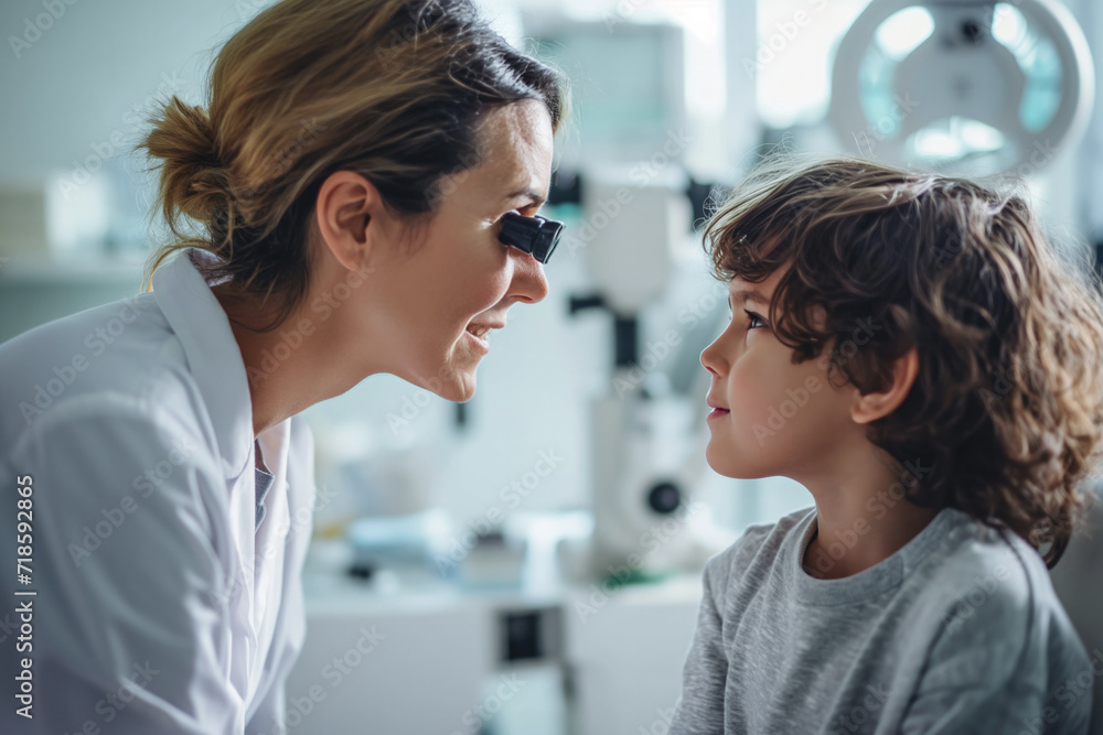 Female ophthalmologist checks the eyesight of a preschooler boy for an annual examination Female ophthalmologist checks the eyesight of a preschooler boy for an annual examination