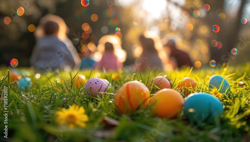 Colorful easter eggs in the grass with blurred kids on background