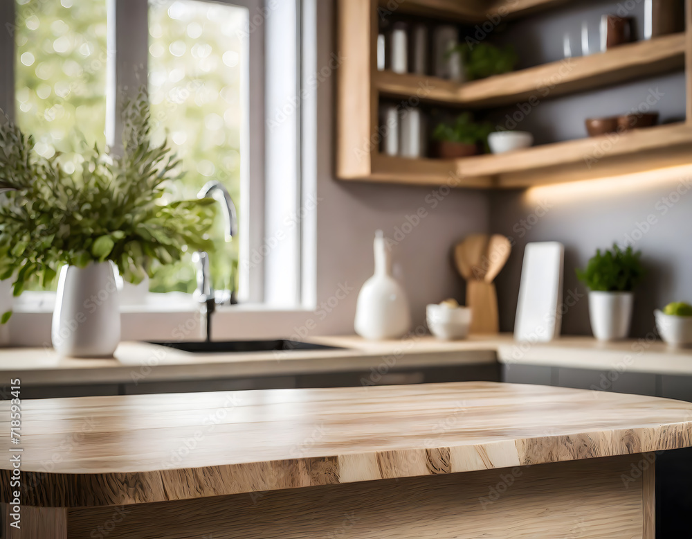 Kitchen table top for product display with blurred modern interior. Generative AI. Kitchen table top for product display with blurred modern interior. Generative AI.