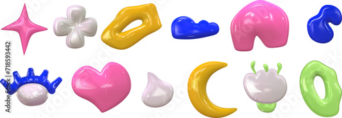 3d set y2k colorful glossy plastic element set. Abstract shape plastic render. Y2K form heart, star and flower. Vector illustration 3d render.