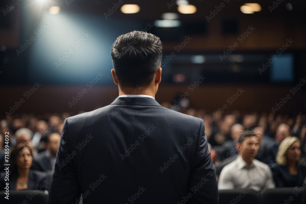 Man speaker presenter at business conference and presentation, education seminar meeting indoor hall generative ai Man speaker presenter at business conference and presentation, education seminar meeting indoor hall generative ai