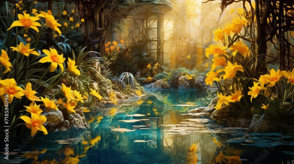 a  vibrant yellow and serene blue colors blend together, creating a dreamlike and fantastical background reminiscent of a sunny day in a peaceful garden, evoking a sense of wonder and delight.