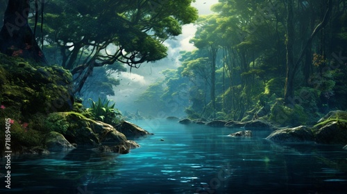 a visually captivating background reminiscent of a tranquil ocean blending into a serene  refreshing forest  evoking a sense of calm and natural beauty.