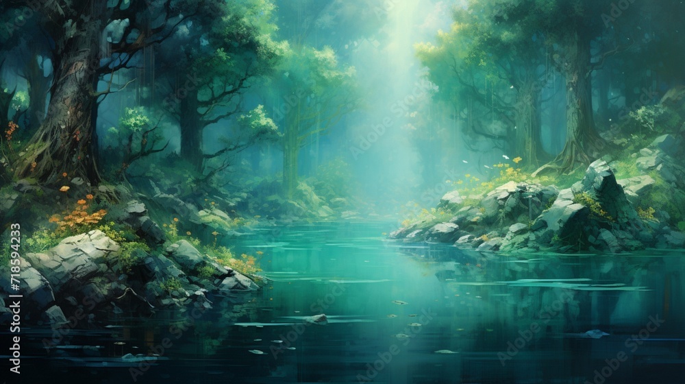 a blue and lush green colors blend together, creating a dreamlike and fantastical background reminiscent of a calm lake surrounded by lush foliage, evoking a sense of wonder and tranquility.