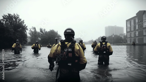 A squad of rescue workers in yellow vests wades through city floodwaters - Generative AI