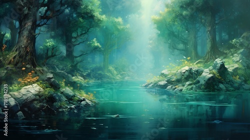 a blue and lush green colors blend together, creating a dreamlike and fantastical background reminiscent of a calm lake surrounded by lush foliage, evoking a sense of wonder and tranquility. © irfana
