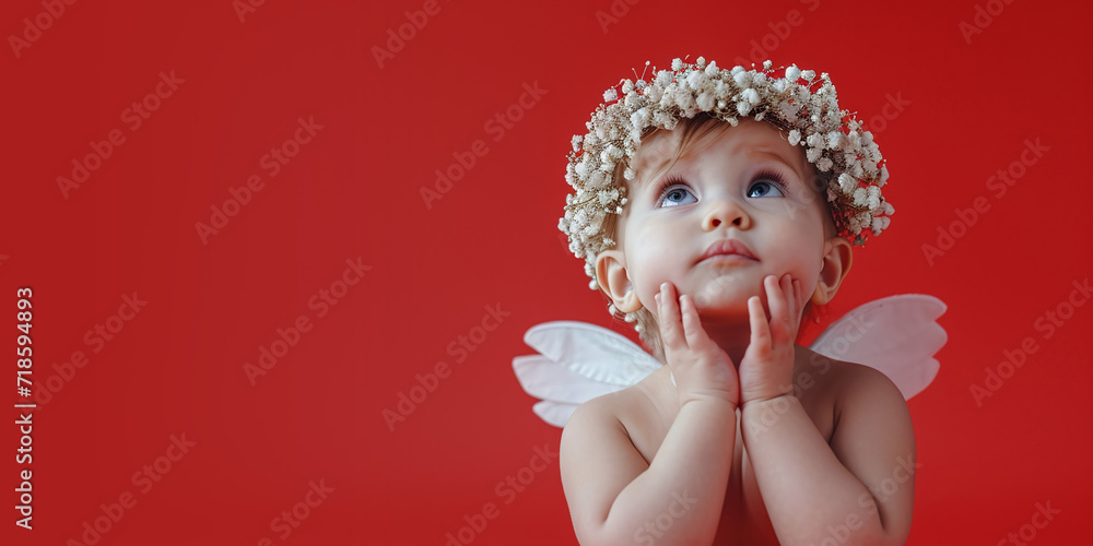 Fototapeta premium Banner Innocent baby angel with floral crown on red, dreamy cherub with wings. AI Generative
