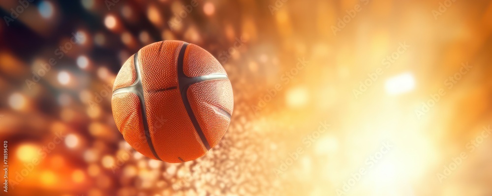 basketball professional scoring ball over the hoop at stadium shot in dynamic active macro closeup with particles and bokeh, sports success concept copy space banner