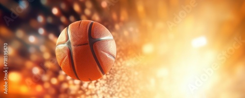 basketball professional scoring ball over the hoop at stadium shot in dynamic active macro closeup with particles and bokeh, sports success concept copy space banner