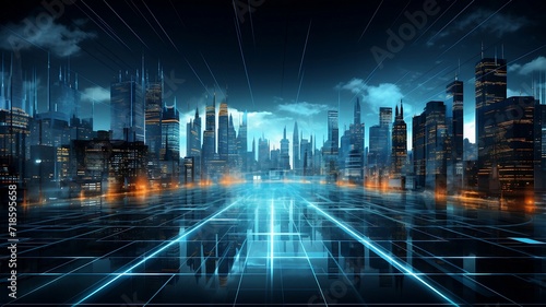 Modern cityscape with glowing lights and digital interface.