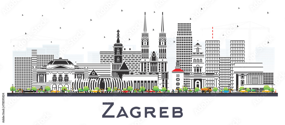 Zagreb Croatia City Skyline with Color Buildings isolated on white. Zagreb Cityscape with Landmarks. Business Travel and Tourism Concept with Historic Architecture.