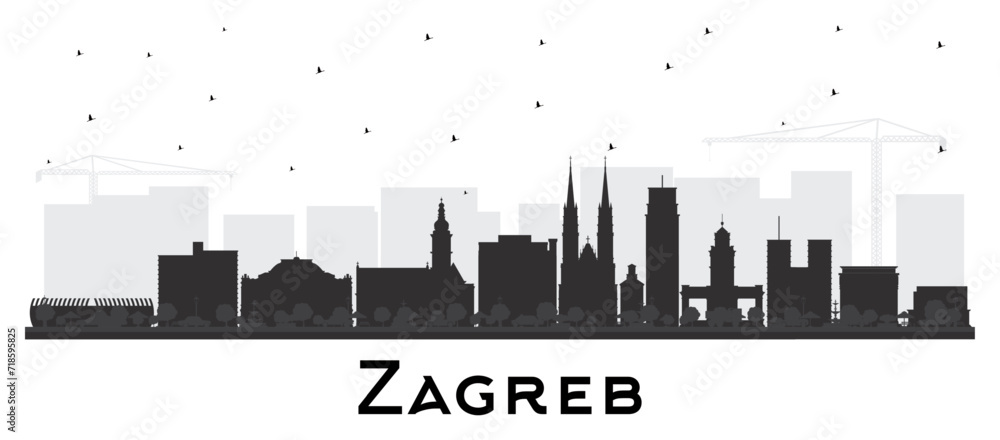 Zagreb Croatia City Skyline silhouette with black Buildings isolated on white. Zagreb Cityscape with Landmarks. Business Travel and Tourism Concept with Historic Architecture.